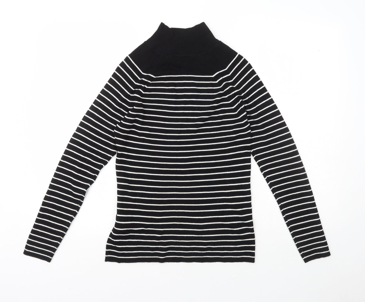 Marks and Spencers Womens Black High Neck Striped Viscose Pullover Jumper Size 12
