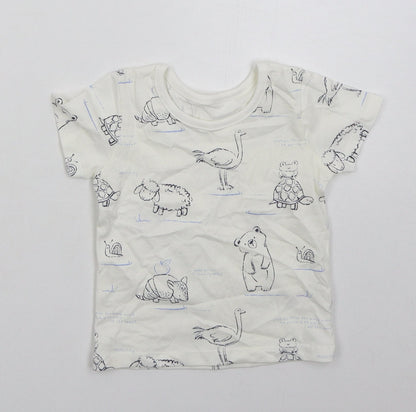 George Boys White  Cotton Basic T-Shirt Size 6-9 Months Crew Neck Pullover - Animals