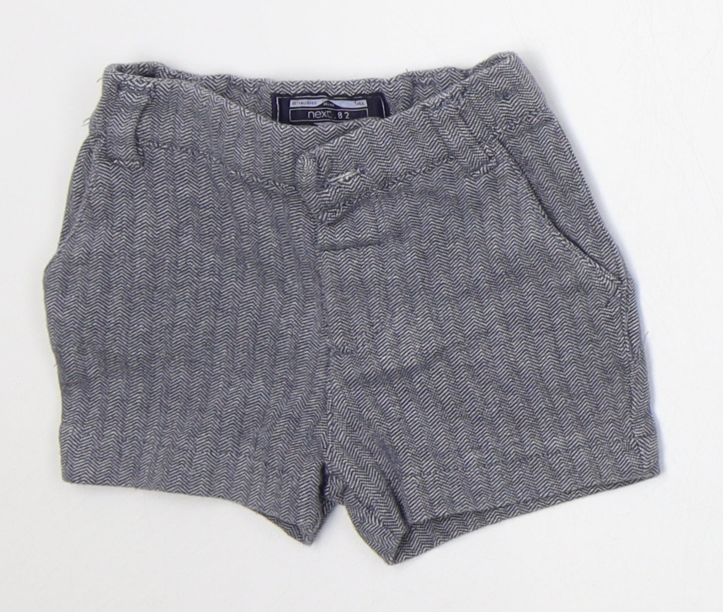 NEXT Boys Blue Herringbone Cotton Cropped Trousers Size 6-9 Months  Button