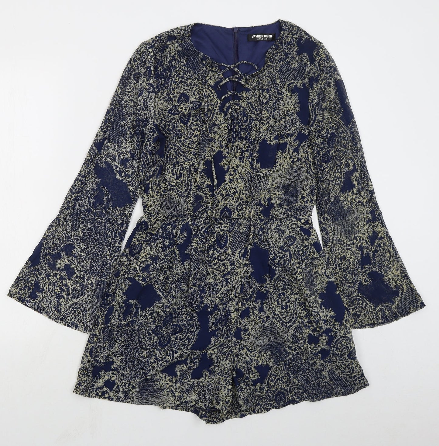 Fashion Union Womens Blue Paisley Polyester Playsuit One-Piece Size 10 L3 in Zip