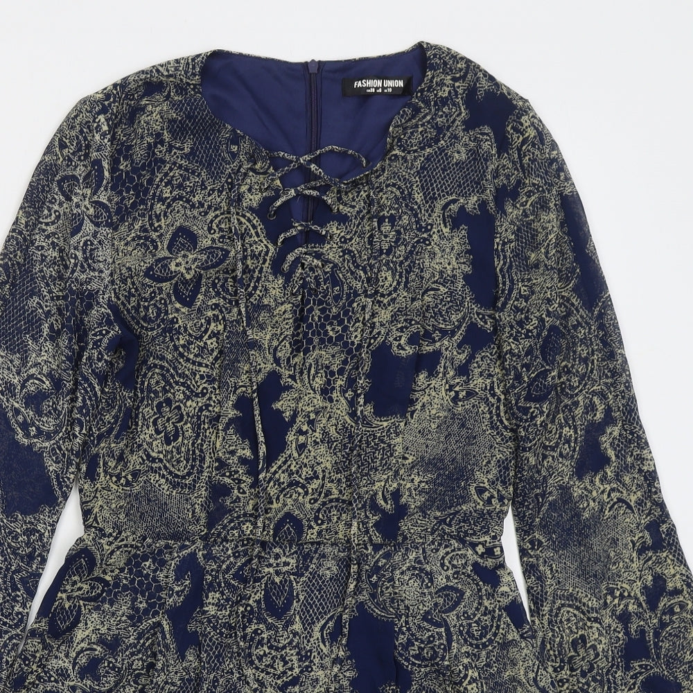 Fashion Union Womens Blue Paisley Polyester Playsuit One-Piece Size 10 L3 in Zip