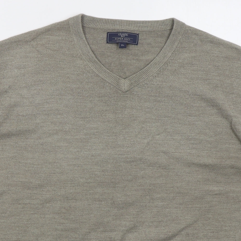 Atlantic Bay Mens Beige V-Neck  Acrylic Pullover Jumper Size XL