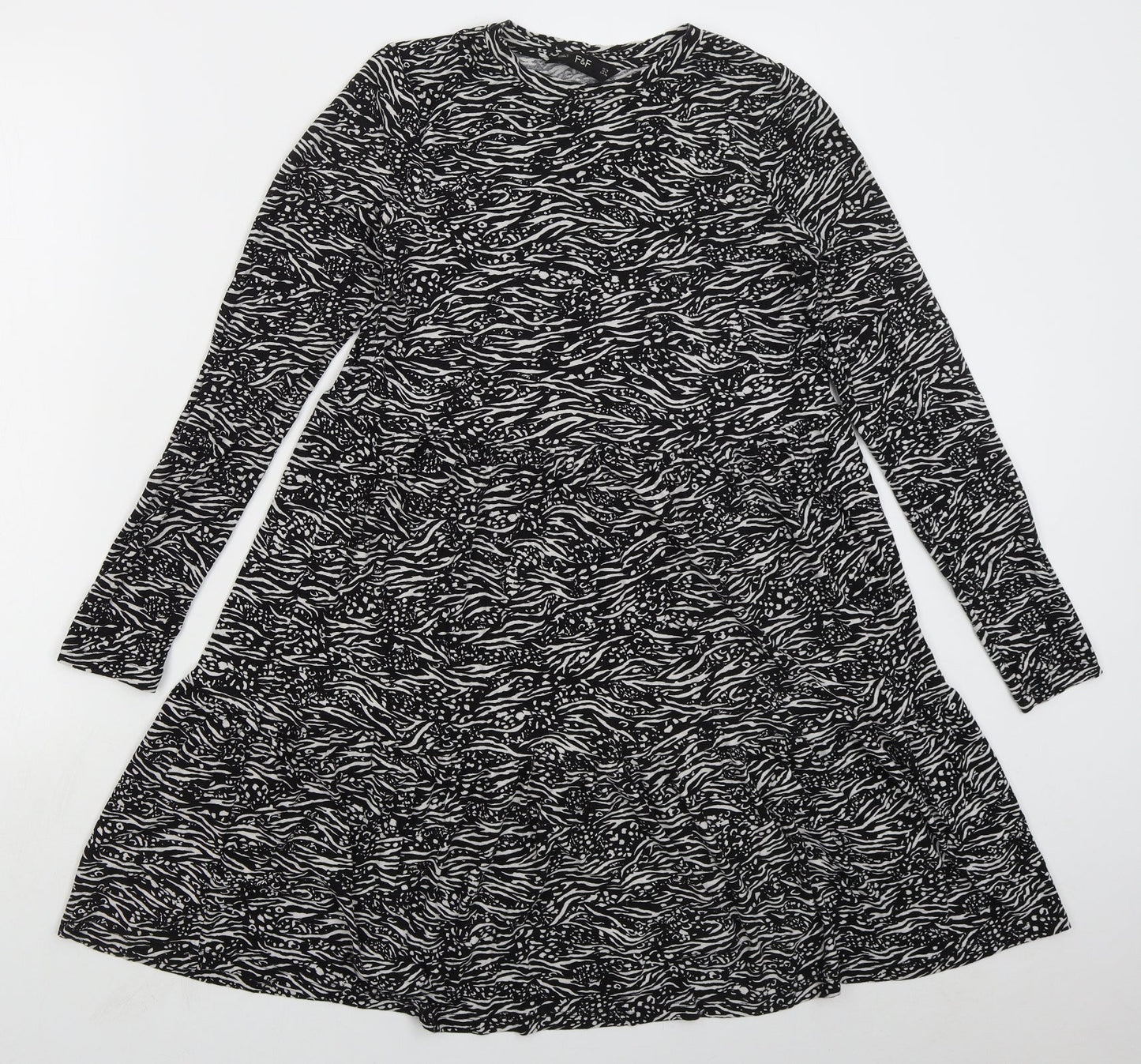 F&F Womens Black Animal Print Viscose A-Line  Size 10  Crew Neck Pullover