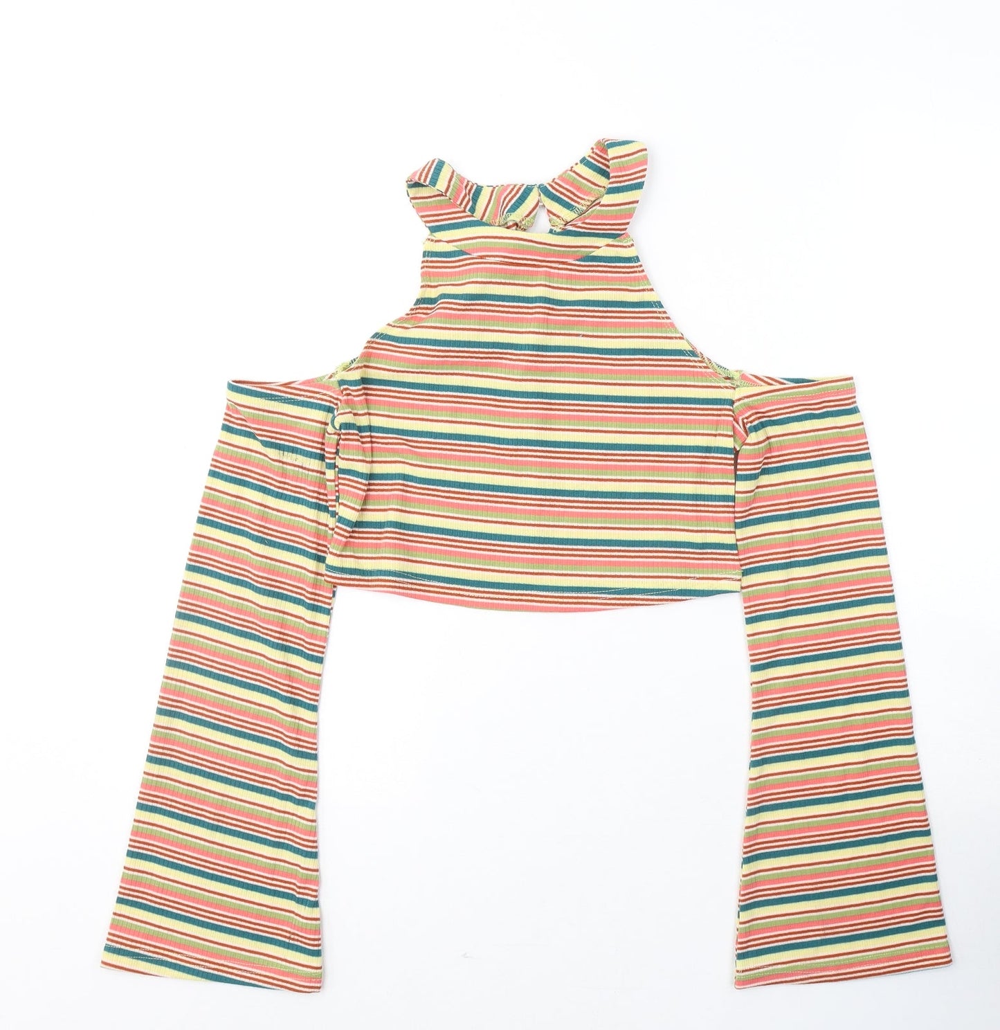 SheIn Womens Multicoloured Striped Polyester Cropped Blouse Size M Halter - cold shoulder