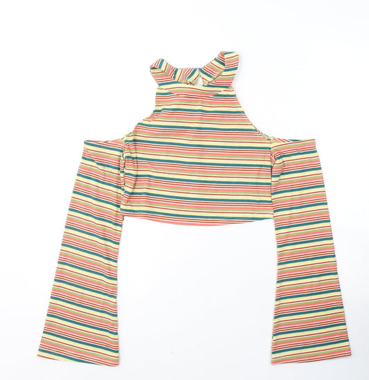 SheIn Womens Multicoloured Striped Polyester Cropped Blouse Size M Halter - cold shoulder