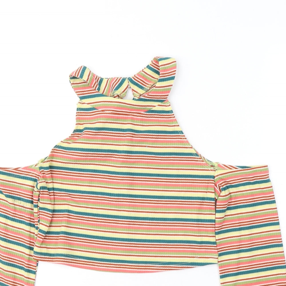 SheIn Womens Multicoloured Striped Polyester Cropped Blouse Size M Halter - cold shoulder