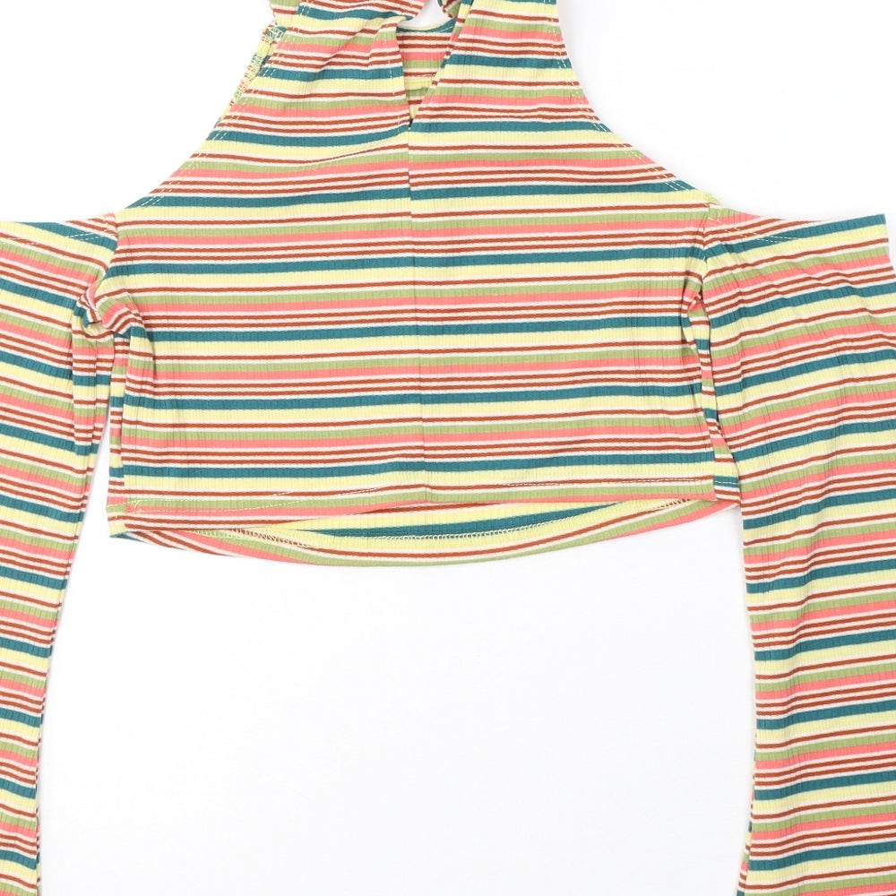 SheIn Womens Multicoloured Striped Polyester Cropped Blouse Size M Halter - cold shoulder