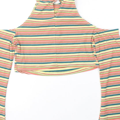 SheIn Womens Multicoloured Striped Polyester Cropped Blouse Size M Halter - cold shoulder