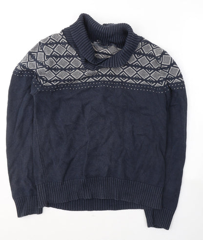 Cedar Wood State Mens Blue Roll Neck Fair Isle Cotton Pullover Jumper Size M