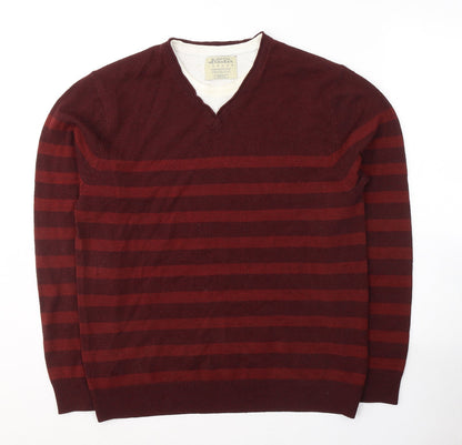 Burton Mens Red Round Neck Striped Acrylic Pullover Jumper Size M