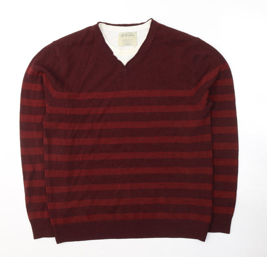 Burton Mens Red Round Neck Striped Acrylic Pullover Jumper Size M