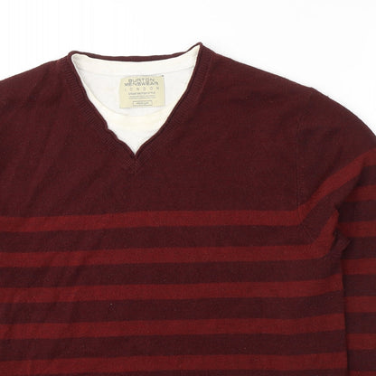 Burton Mens Red Round Neck Striped Acrylic Pullover Jumper Size M