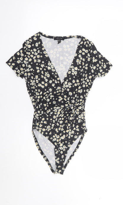 New Look  Womens Black Floral Polyester Bodysuit One-Piece Size 8