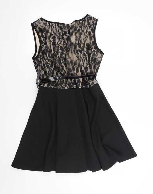 Quiz Womens Black Floral Nylon Fit & Flare  Size 12  Round Neck Pullover