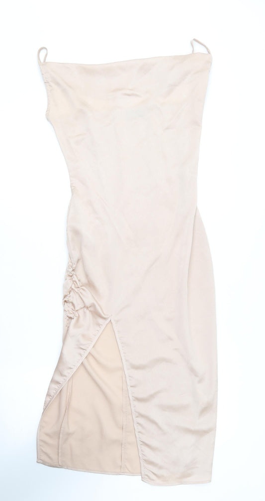 PRETTYLITTLETHING Womens Gold  Polyester Slip Dress  Size 4  Square Neck