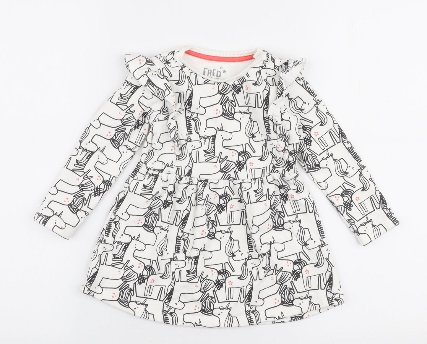 F&F  White  Cotton Skater Dress  Size 12-18 Months  Round Neck Snap - Unicorn