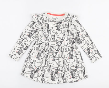 F&F  White  Cotton Skater Dress  Size 12-18 Months  Round Neck Snap - Unicorn