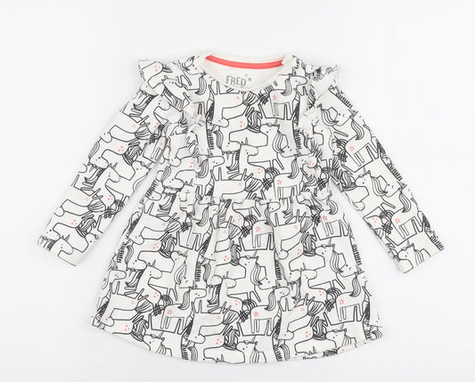 F&F  White  Cotton Skater Dress  Size 12-18 Months  Round Neck Snap - Unicorn