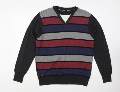 Dissident  Mens Grey V-Neck Striped Cotton Pullover Jumper Size XL