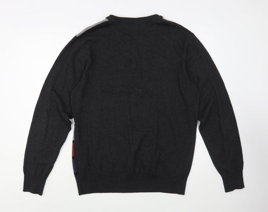 Dissident  Mens Grey V-Neck Striped Cotton Pullover Jumper Size XL