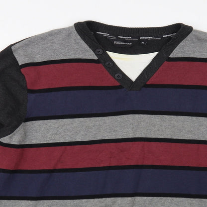 Dissident  Mens Grey V-Neck Striped Cotton Pullover Jumper Size XL