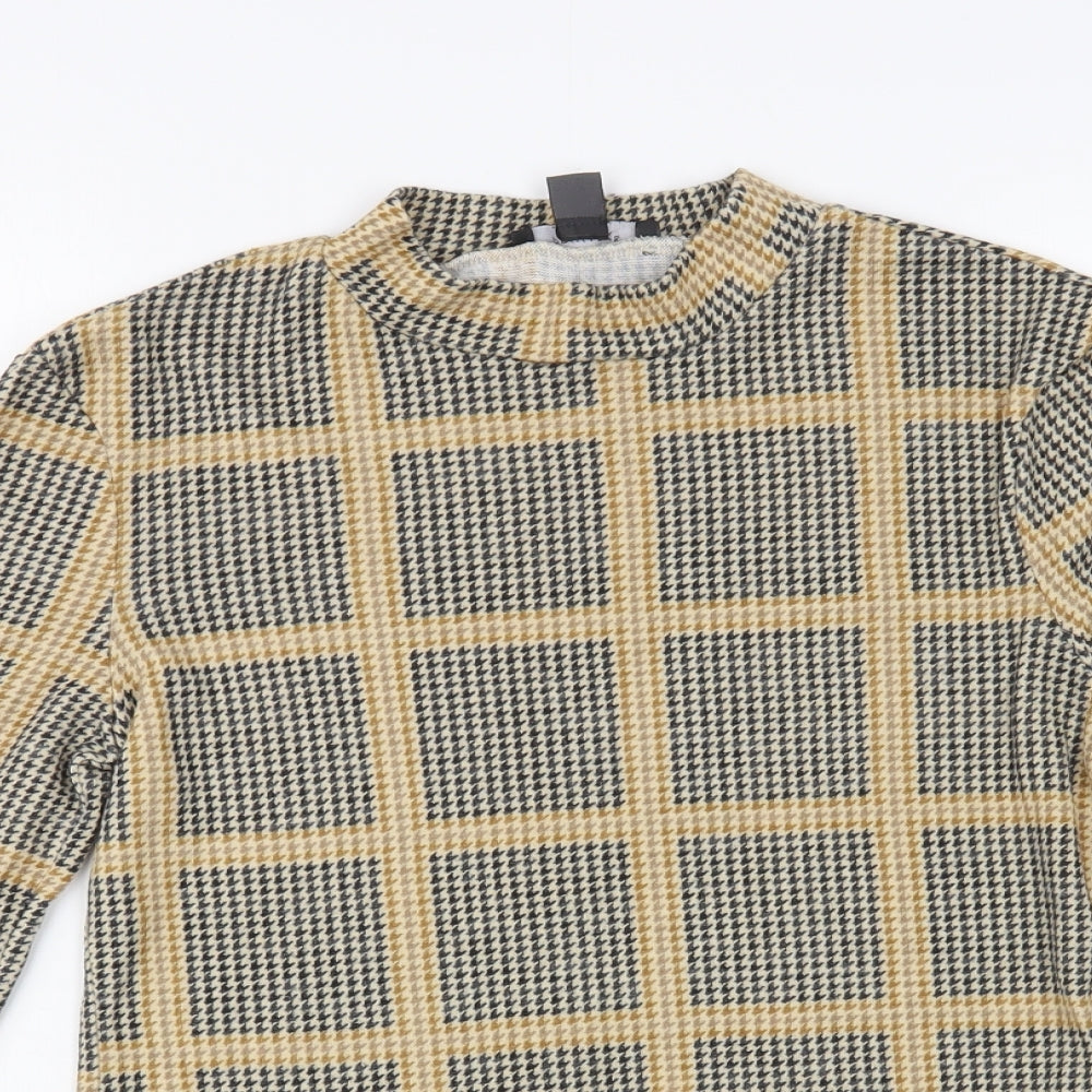 Primark Womens Beige Houndstooth Polyester Basic Blouse Size 6 Mock Neck