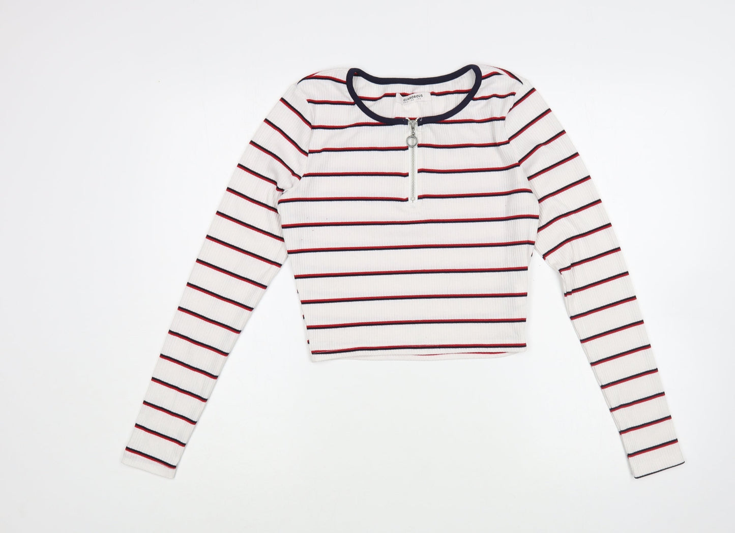 Glamorous Womens White Striped Polyester Basic T-Shirt Size 8 Boat Neck - Cropped