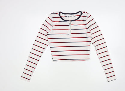 Glamorous Womens White Striped Polyester Basic T-Shirt Size 8 Boat Neck - Cropped