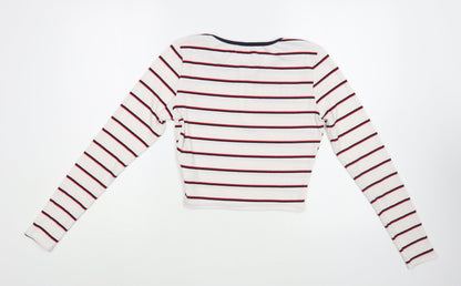 Glamorous Womens White Striped Polyester Basic T-Shirt Size 8 Boat Neck - Cropped