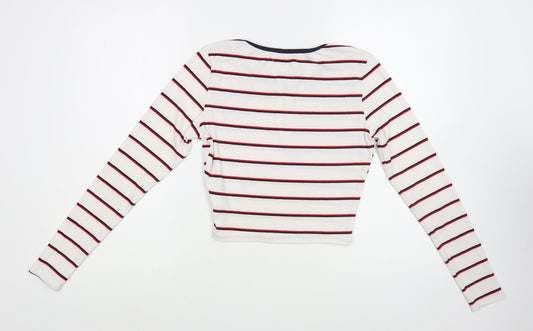 Glamorous Womens White Striped Polyester Basic T-Shirt Size 8 Boat Neck - Cropped