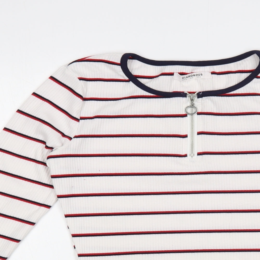 Glamorous Womens White Striped Polyester Basic T-Shirt Size 8 Boat Neck - Cropped