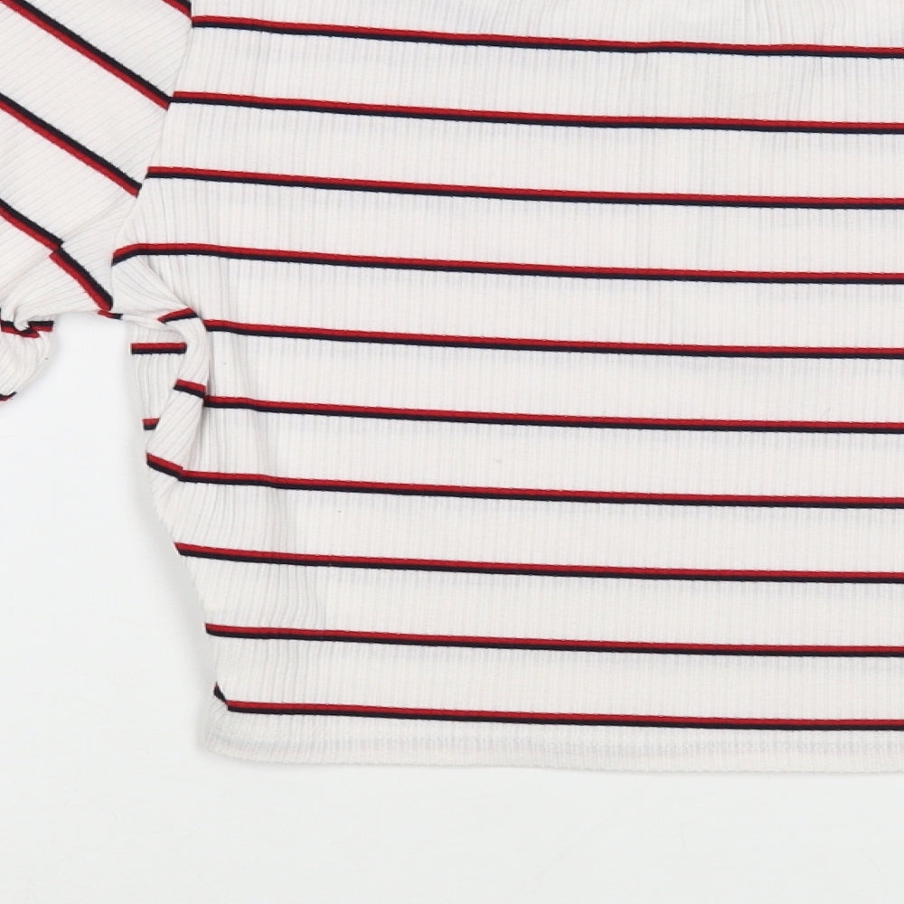 Glamorous Womens White Striped Polyester Basic T-Shirt Size 8 Boat Neck - Cropped