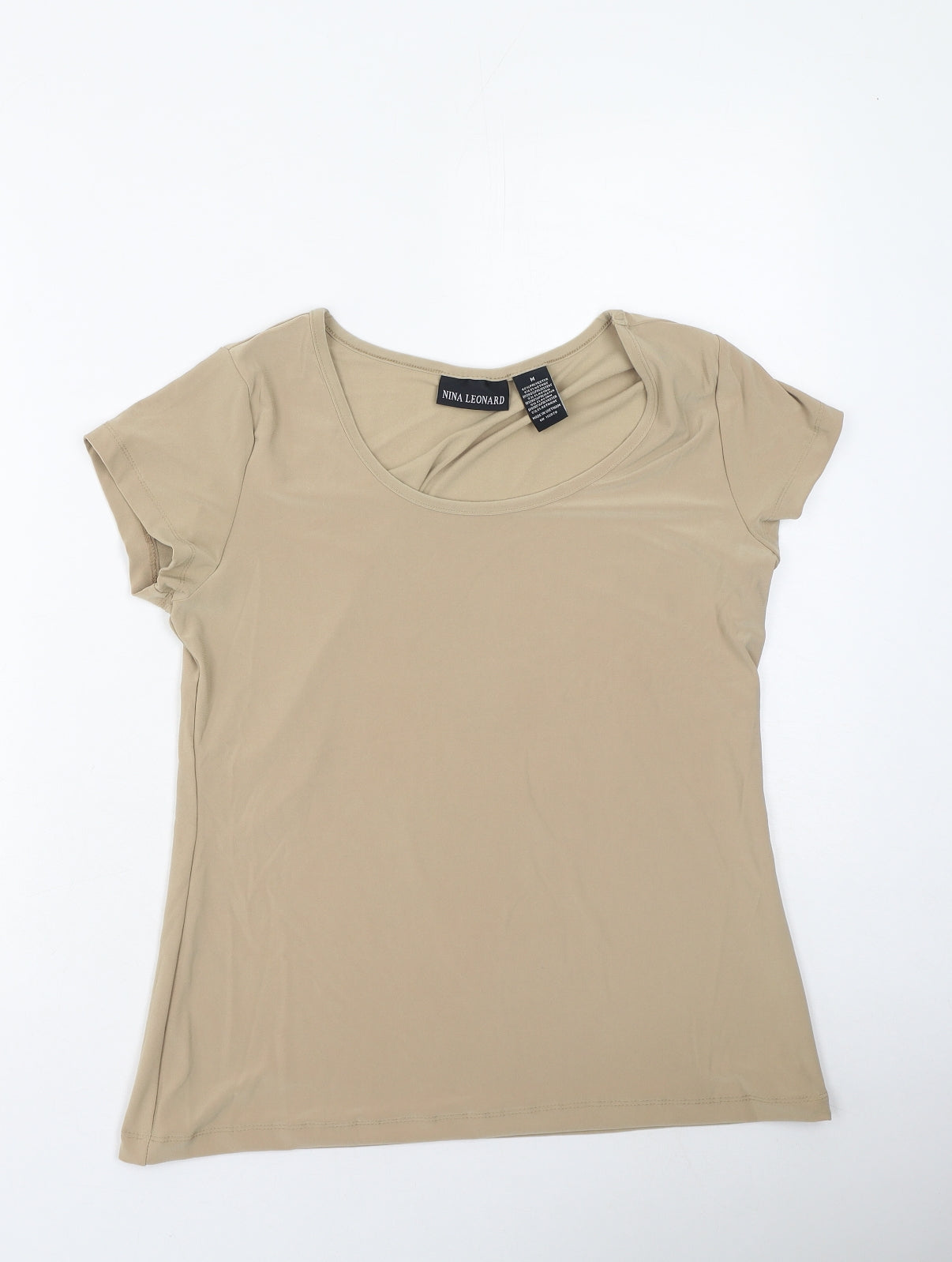 Nina Leonard Womens Brown  Polyester Basic T-Shirt Size M Round Neck