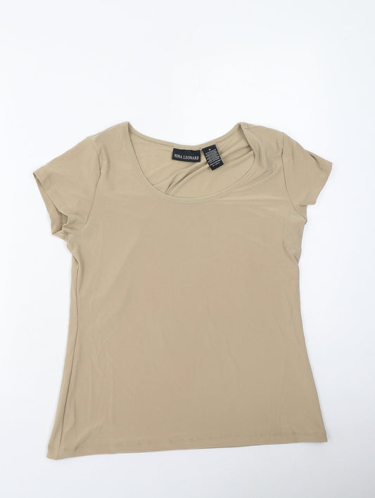 Nina Leonard Womens Brown  Polyester Basic T-Shirt Size M Round Neck