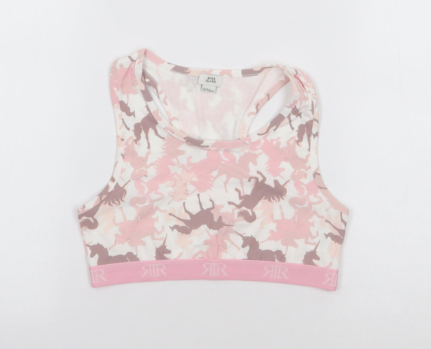 River Island Girls Pink Geometric Cotton Cropped Tank Size 11-12 Years Round Neck Pullover - Unicorn