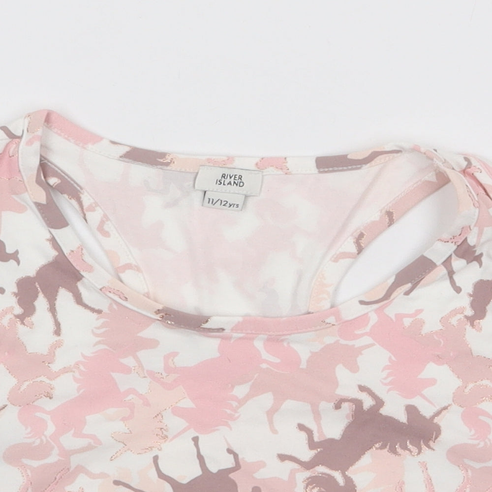 River Island Girls Pink Geometric Cotton Cropped Tank Size 11-12 Years Round Neck Pullover - Unicorn