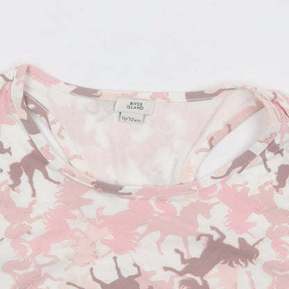 River Island Girls Pink Geometric Cotton Cropped Tank Size 11-12 Years Round Neck Pullover - Unicorn