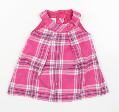 NEXT Girls Pink Plaid Cotton Trapeze & Swing  Size 3-6 Months  Round Neck Button