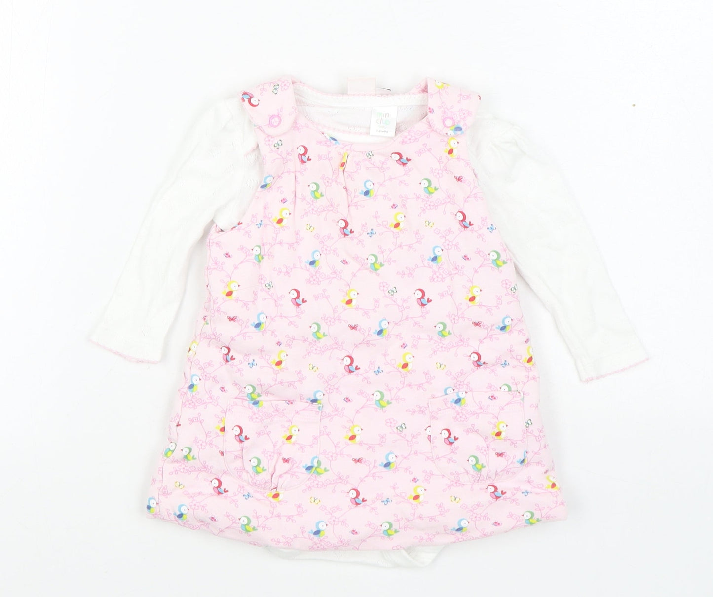 Mini Club Girls Pink Geometric Cotton Pinafore/Dungaree Dress  Size 3-6 Months  Round Neck Button - 2 Piece set
