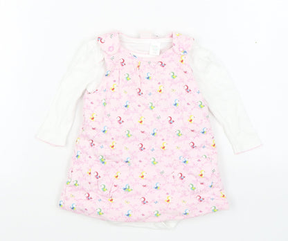 Mini Club Girls Pink Geometric Cotton Pinafore/Dungaree Dress  Size 3-6 Months  Round Neck Button - 2 Piece set