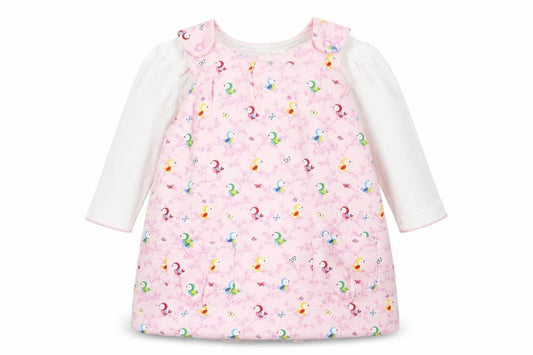 Mini Club Girls Pink Geometric Cotton Pinafore/Dungaree Dress  Size 3-6 Months  Round Neck Button - 2 Piece set