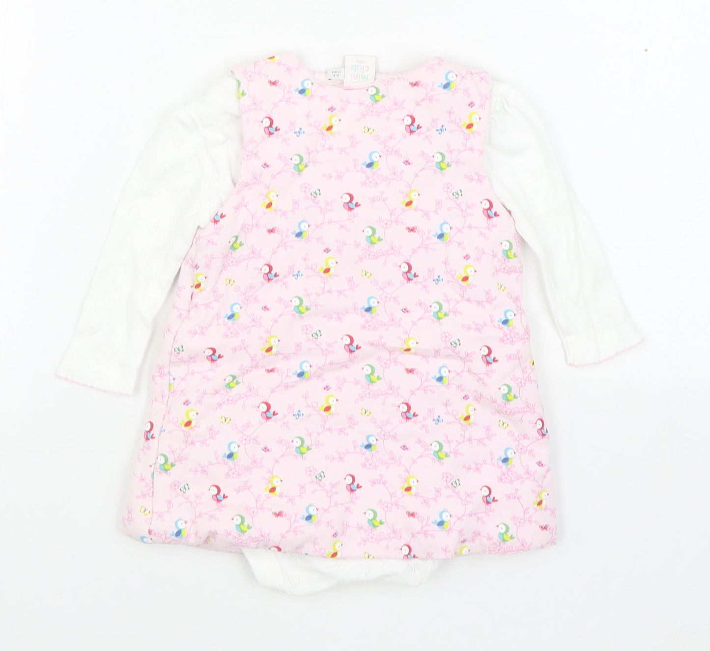 Mini Club Girls Pink Geometric Cotton Pinafore/Dungaree Dress  Size 3-6 Months  Round Neck Button - 2 Piece set