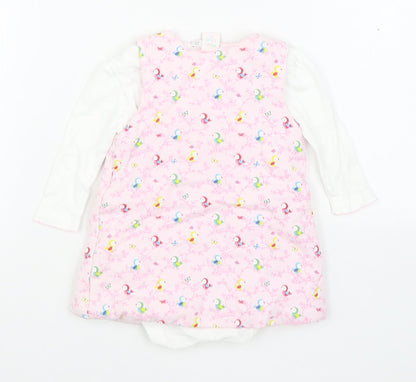 Mini Club Girls Pink Geometric Cotton Pinafore/Dungaree Dress  Size 3-6 Months  Round Neck Button - 2 Piece set