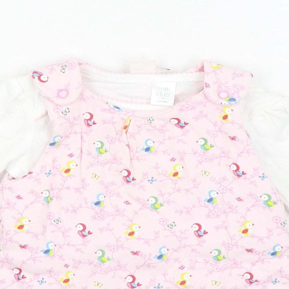 Mini Club Girls Pink Geometric Cotton Pinafore/Dungaree Dress  Size 3-6 Months  Round Neck Button - 2 Piece set