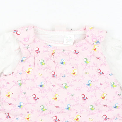 Mini Club Girls Pink Geometric Cotton Pinafore/Dungaree Dress  Size 3-6 Months  Round Neck Button - 2 Piece set