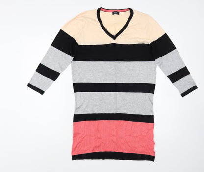 F&F Womens Multicoloured V-Neck Striped Viscose Tunic Jumper Size 14