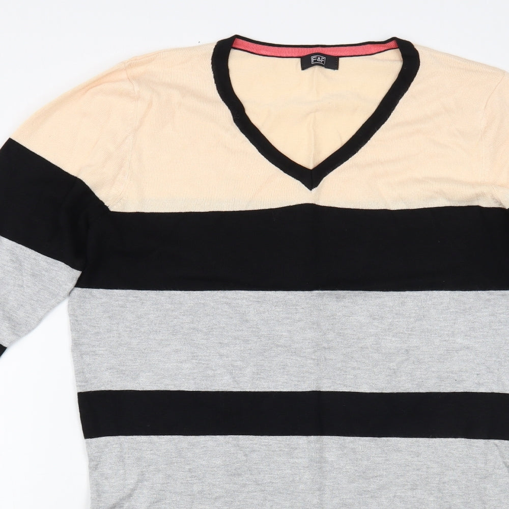 F&F Womens Multicoloured V-Neck Striped Viscose Tunic Jumper Size 14