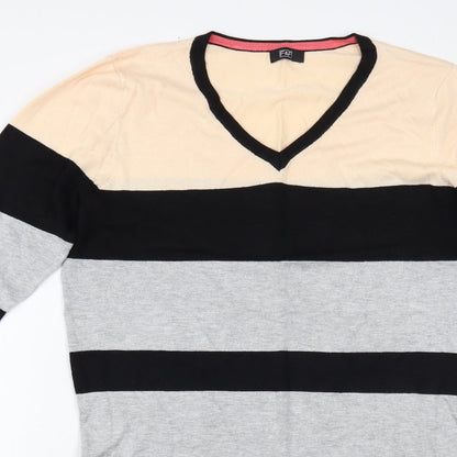 F&F Womens Multicoloured V-Neck Striped Viscose Tunic Jumper Size 14