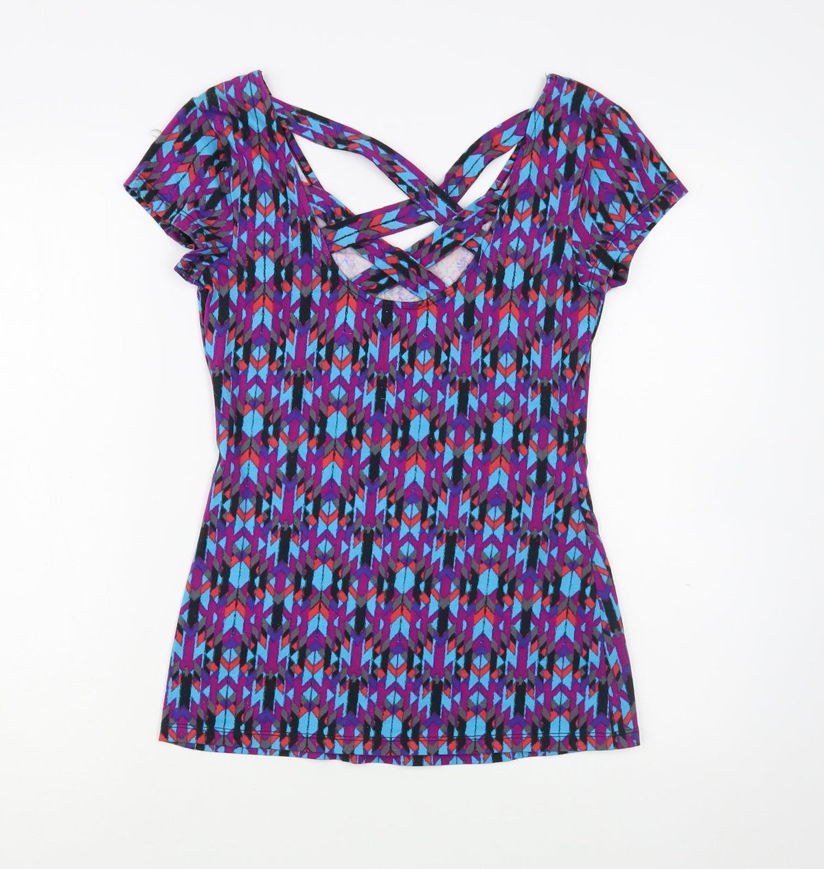 No Boundaries Womens Multicoloured Geometric Cotton Basic T-Shirt Size S V-Neck