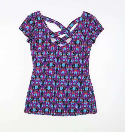 No Boundaries Womens Multicoloured Geometric Cotton Basic T-Shirt Size S V-Neck